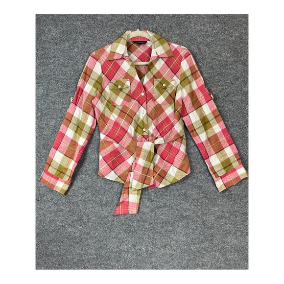 Jones New York Signature Tops - Jones New York Signature Womens Blouse Sz Small Pink Plaid Tie Front Linen Shirt